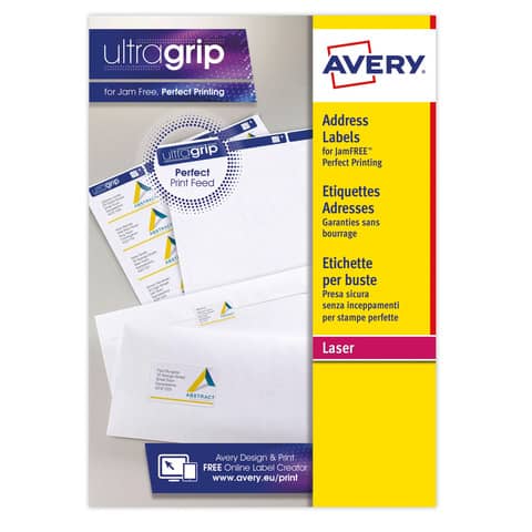 Etichette bianche per indirizzi AVERY Ultragrip™ 38,1x21,2 mm - 65 et/foglio - stampanti laser cf. 100 fogli L7651-100